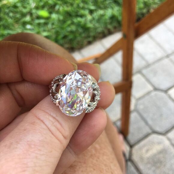 Large Cz Brass Rhodium Cocktail Ring - Picture 3 of 7